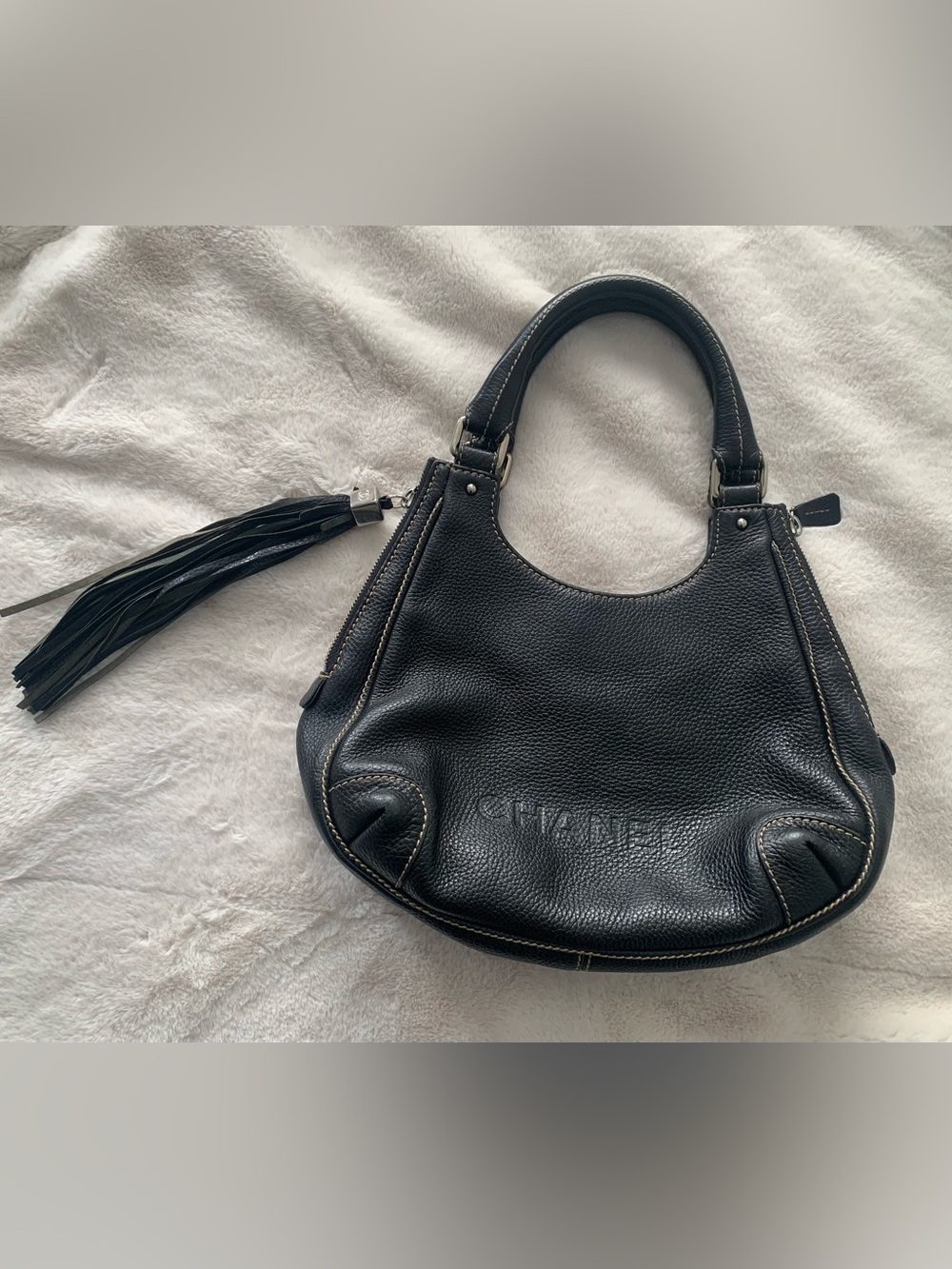 CHANEL Black Pebbled Leather Hobo Bag with Tassel